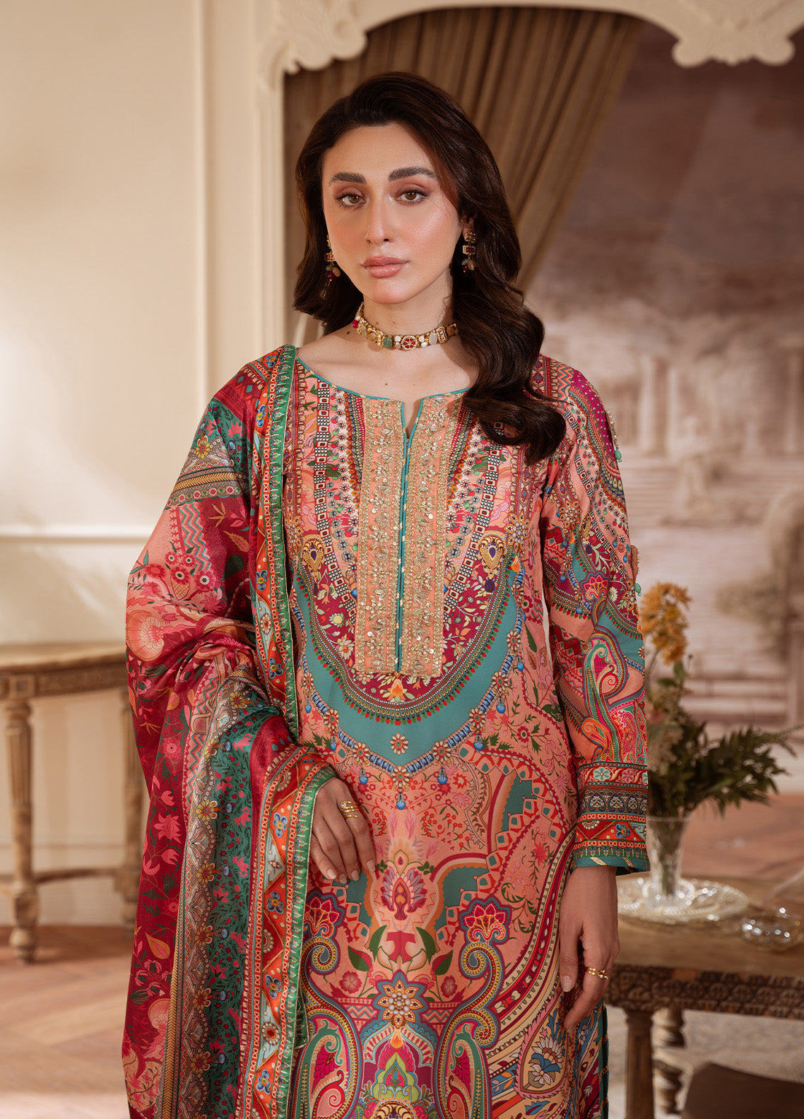 Gulaal | Velouré Printed Silk | Coral Éclat SKU:GS - 08