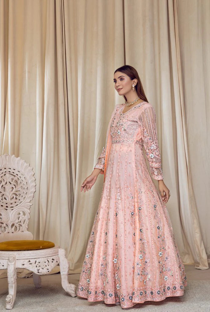 Shahnoor Formals Collection By Hm Zari Heavy Embroidered Fancy Peach Maxi Dress HM-31