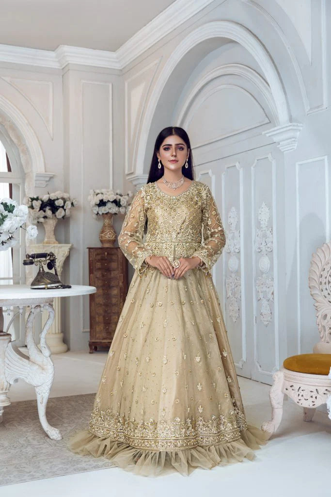 Shahnoor Formals Collection By Hm Zari Glamourous Embroidered Golden Maxi Dress HM-32