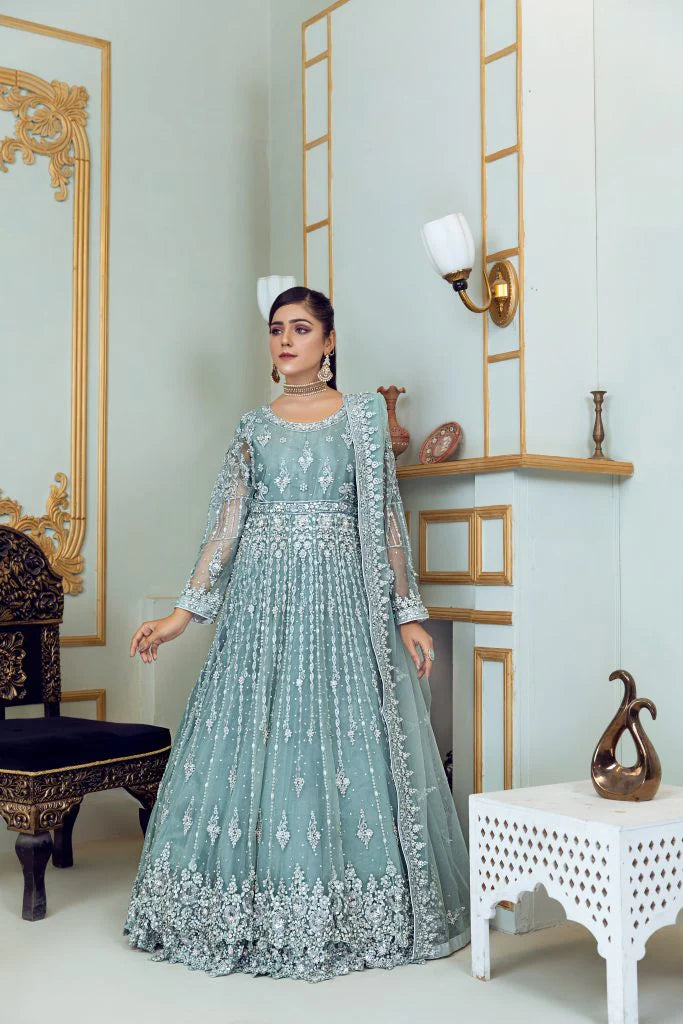 Shahnoor Formals Collection By Hm Zari Luxury Heavy Embroidered ICE-BLUE Maxi Dress HM-33