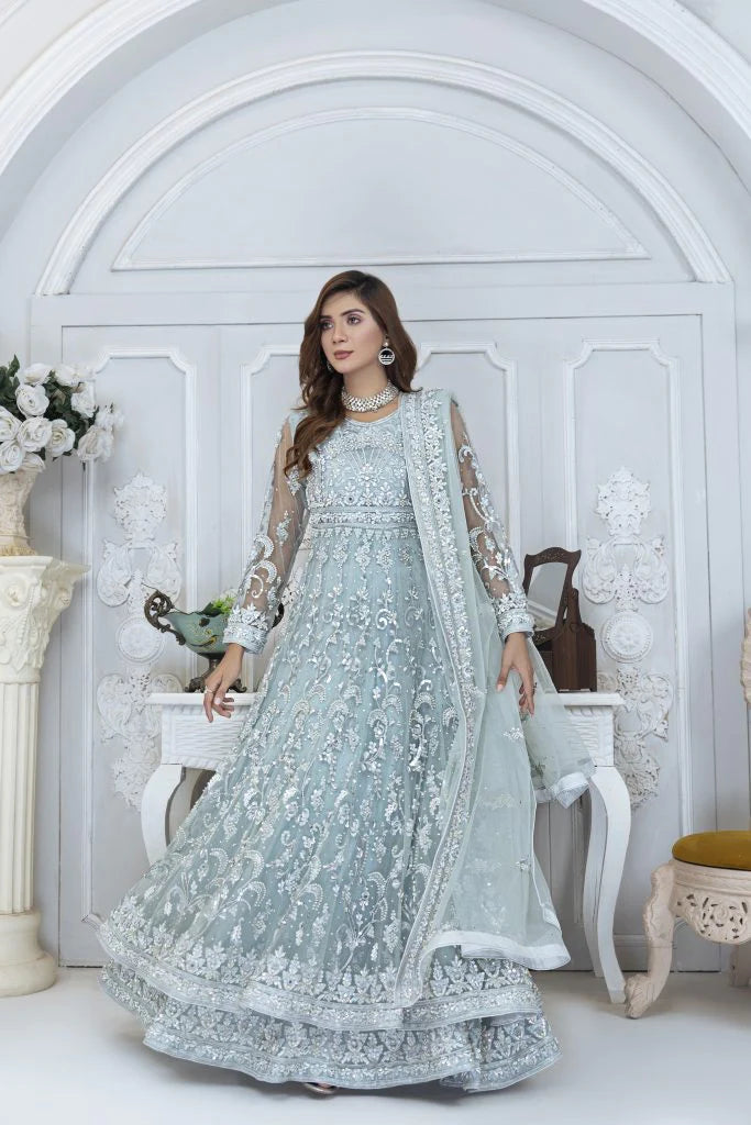 Shahnoor Formals Collection By Hm Zari Elegant Aqua Embroidered Maxi Dress with Beautiful Double Border HM-38