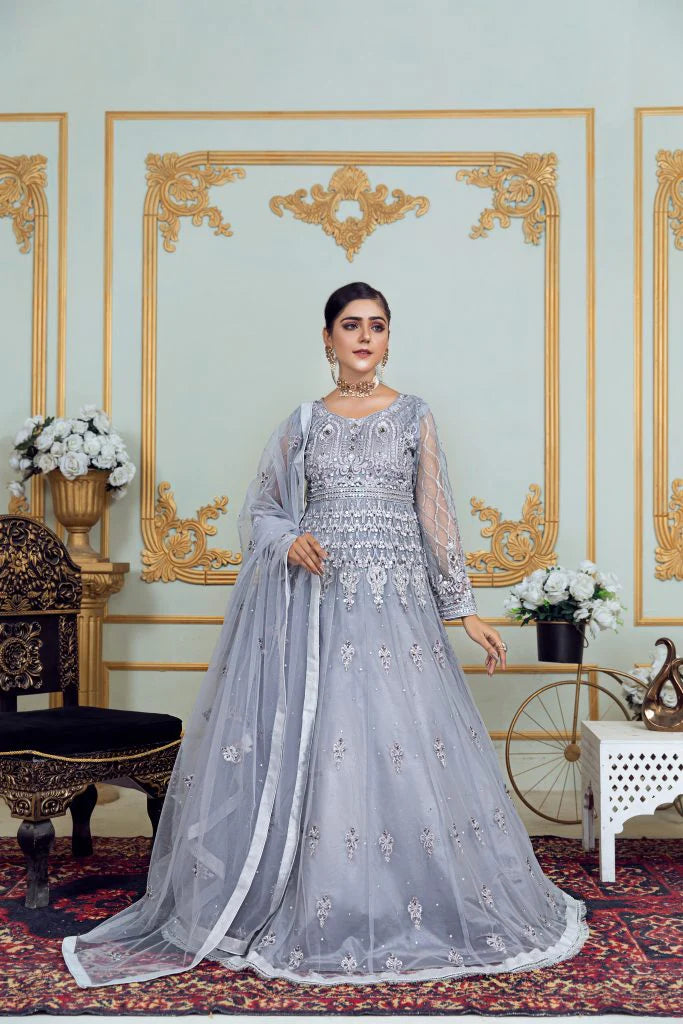 Shahnoor Formals Collection By Hm Zari Modish Embroidered Gray Maxi Dress with Fabulous Style HM-39