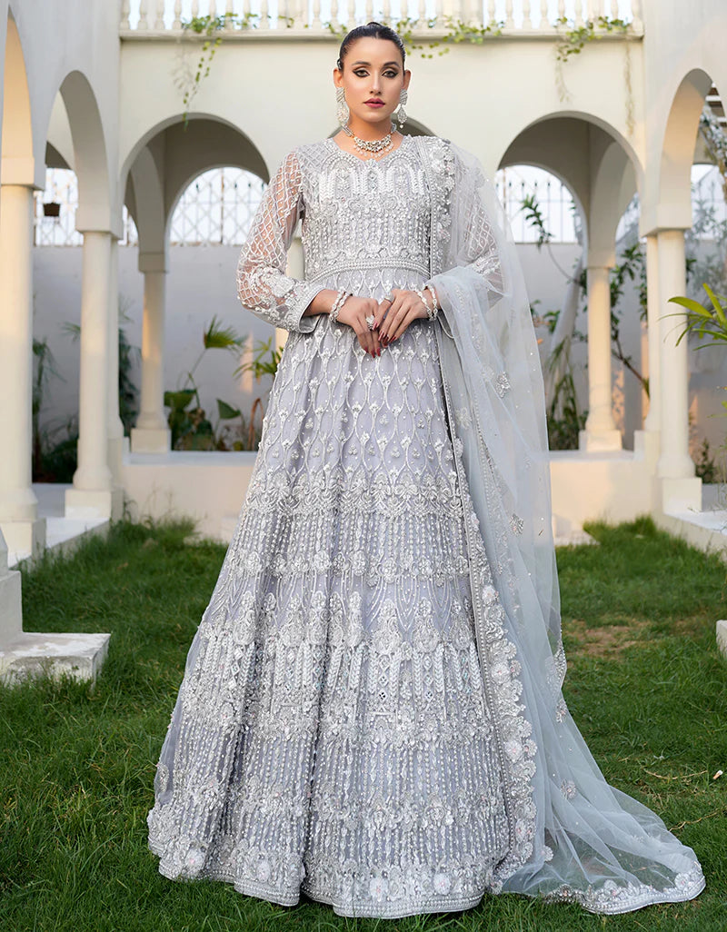 Shahnoor Formals Vol 2 Collection '23 By Hm Zari Modish Embroidered Ice-Gray Maxi Dress