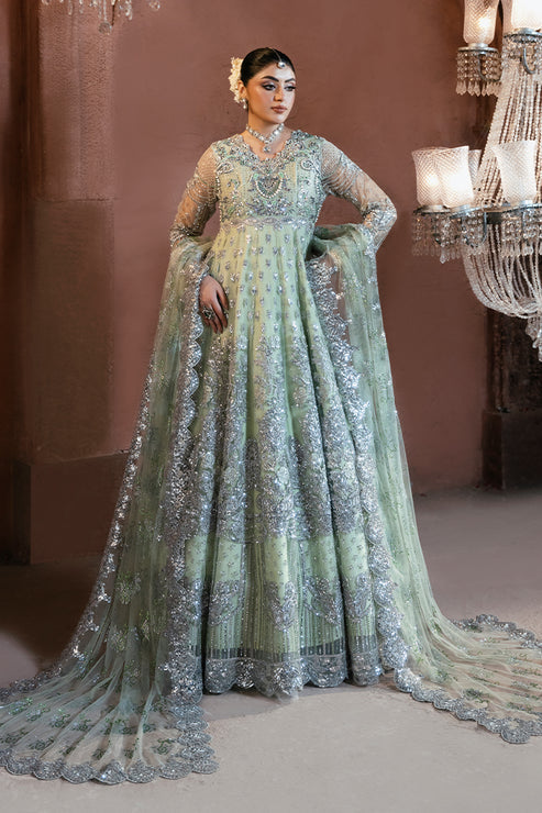 Imrozia Mehkaam pista green embroidered net dress