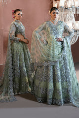 Imrozia Mehkaam pista green embroidered net dress