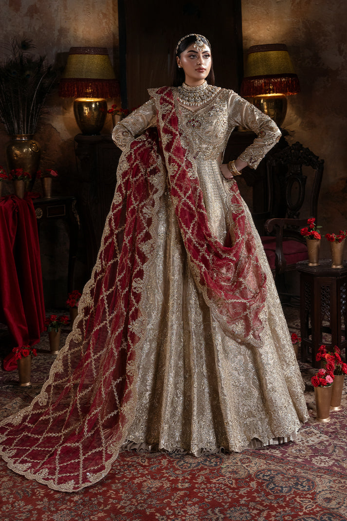 Imrozia Shahkar skin gold masoori embroidered dress