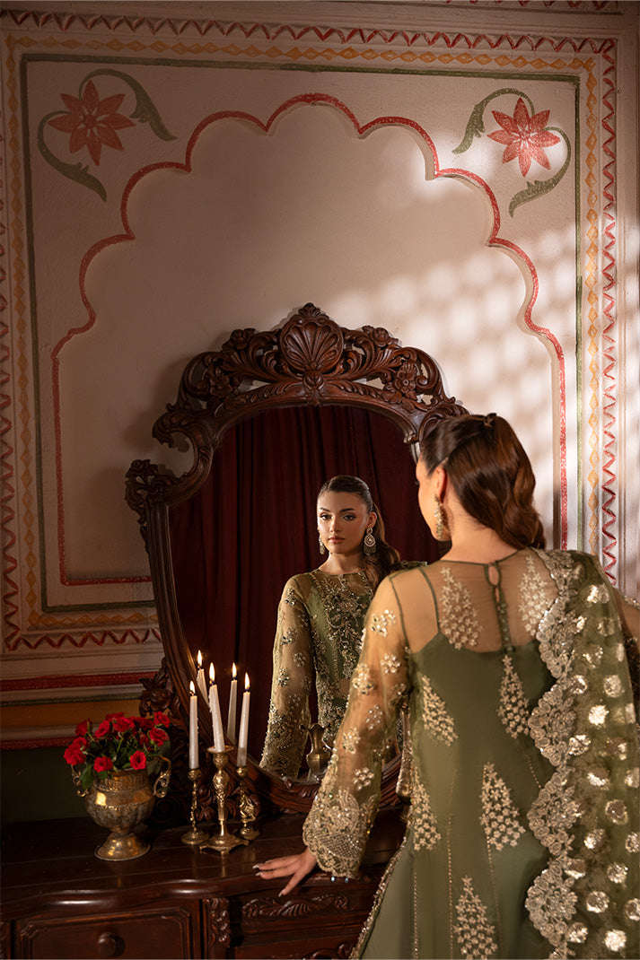 Imrozia Gulzaar mehndi green embroidered organza dress