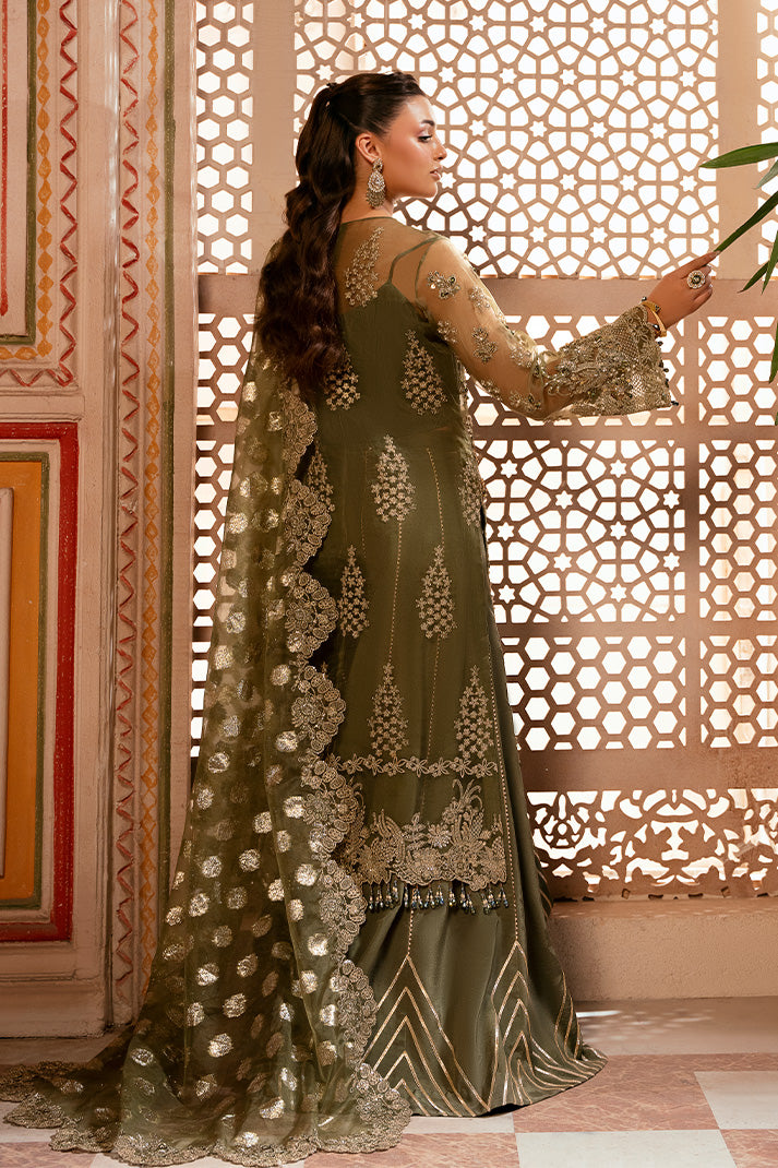 Imrozia Gulzaar mehndi green embroidered organza dress