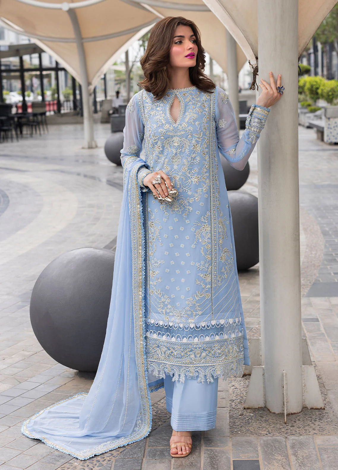 Organza daman border at the back of Sahane's formal chiffon suit