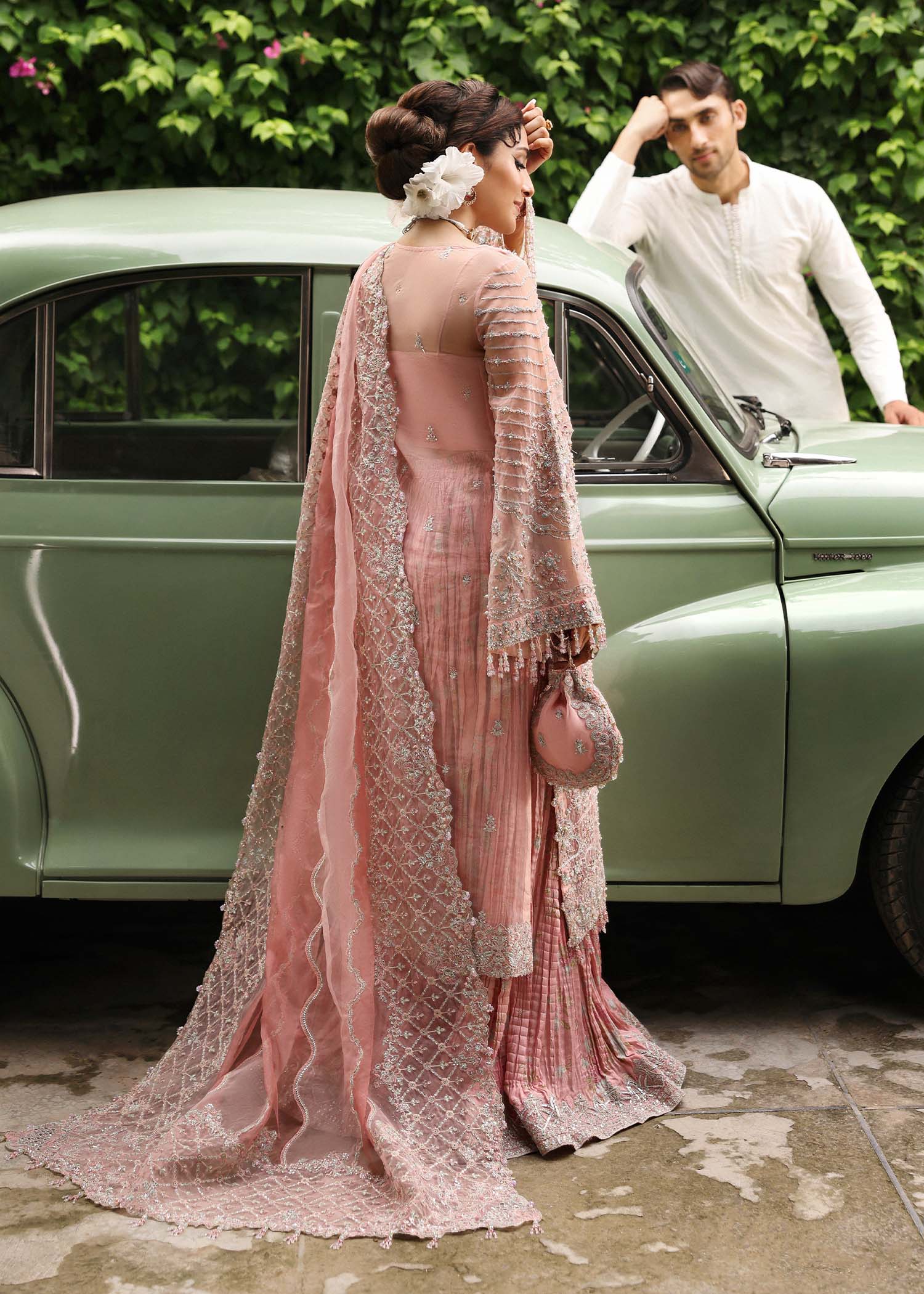 Kanwal Malik Maahi Festive 2025 Shabnam in blush – hand-embellished organza shirt with laser-cut dupatta and screen-printed trouser, available at Highway Fashion