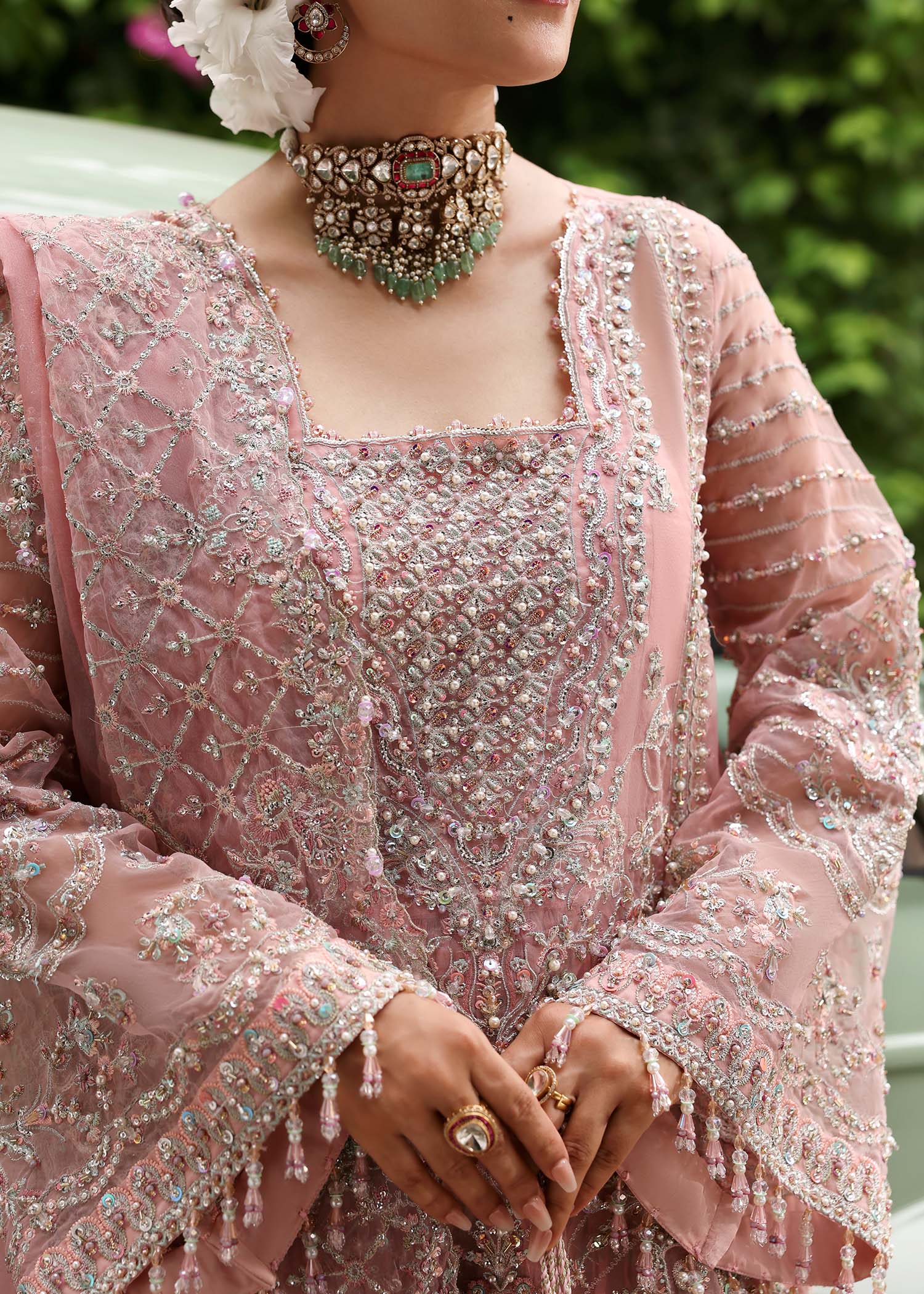 Kanwal Malik Maahi Festive 2025 Shabnam in blush – hand-embellished organza shirt with laser-cut dupatta and screen-printed trouser, available at Highway Fashion