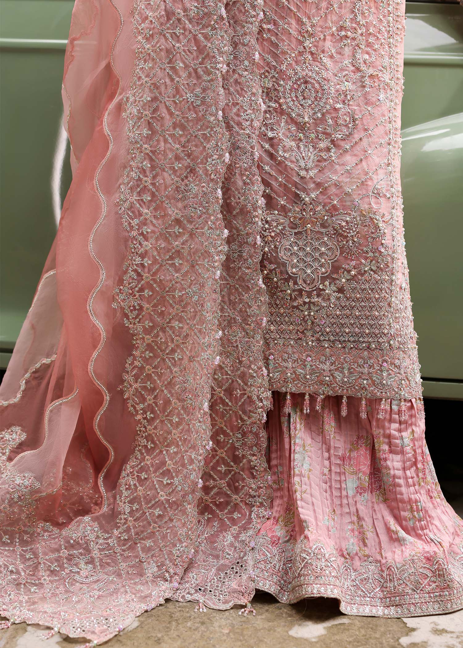 Kanwal Malik Maahi Festive 2025 Shabnam in blush – hand-embellished organza shirt with laser-cut dupatta and screen-printed trouser, available at Highway Fashion