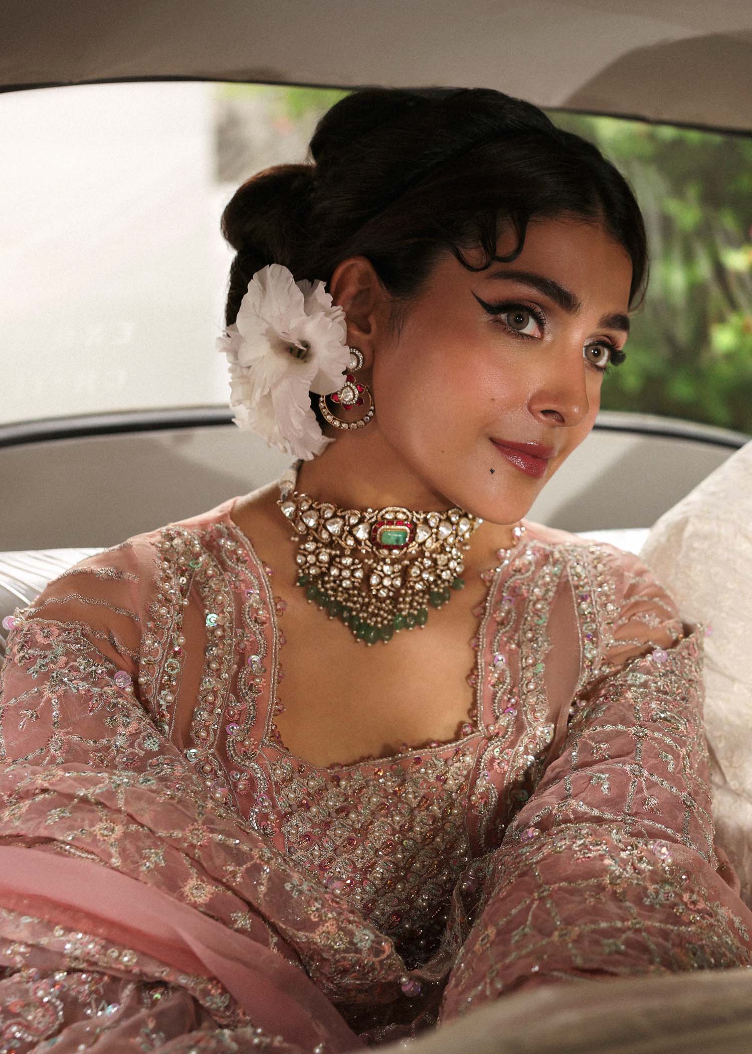 Kanwal Malik Maahi Festive 2025 Shabnam in blush – hand-embellished organza shirt with laser-cut dupatta and screen-printed trouser, available at Highway Fashion