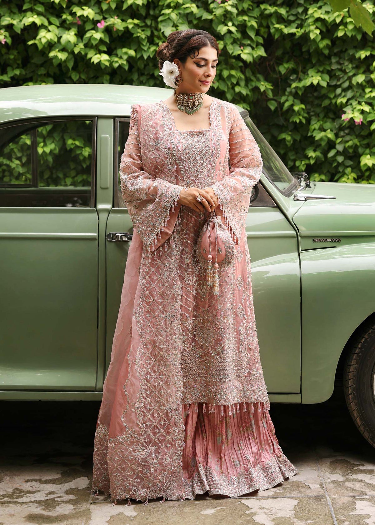Kanwal Malik Maahi Festive 2025 Shabnam in blush – hand-embellished organza shirt with laser-cut dupatta and screen-printed trouser, available at Highway Fashion