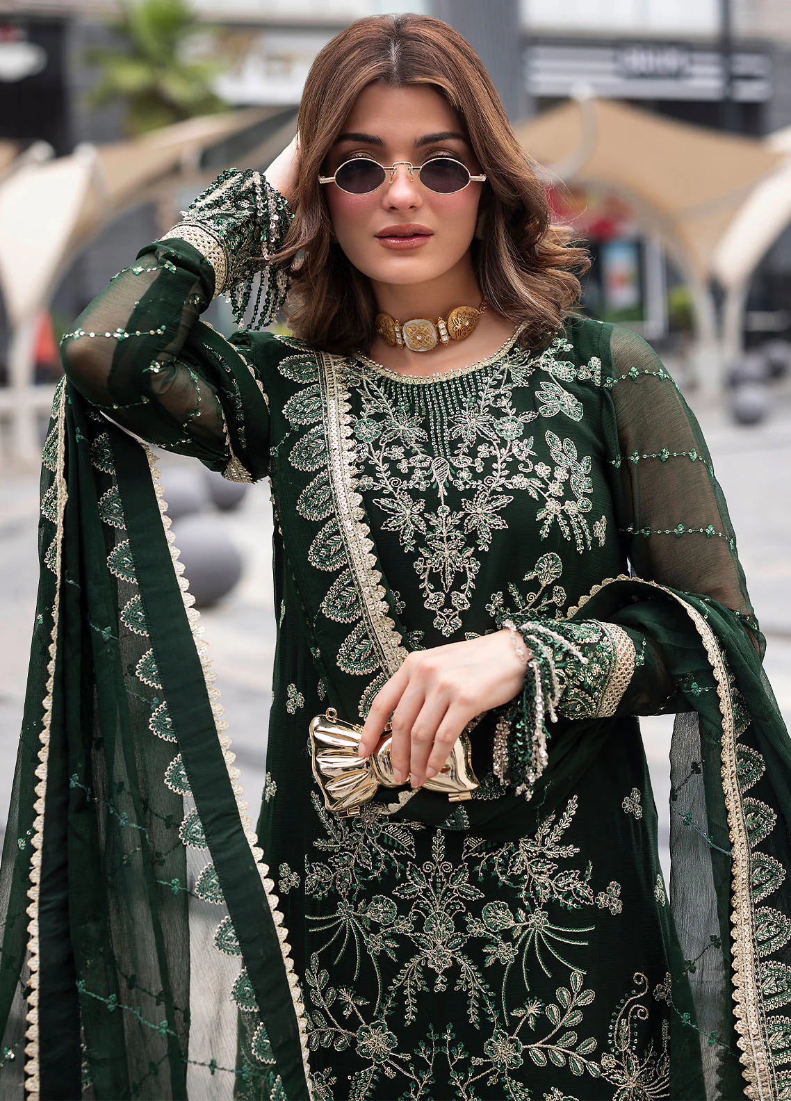 Sequins embroidered chiffon front panel of Sahane CT 25004 Everyn