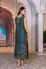 Side profile showing intricate golden embroidery on Zehra Luxe festive dress