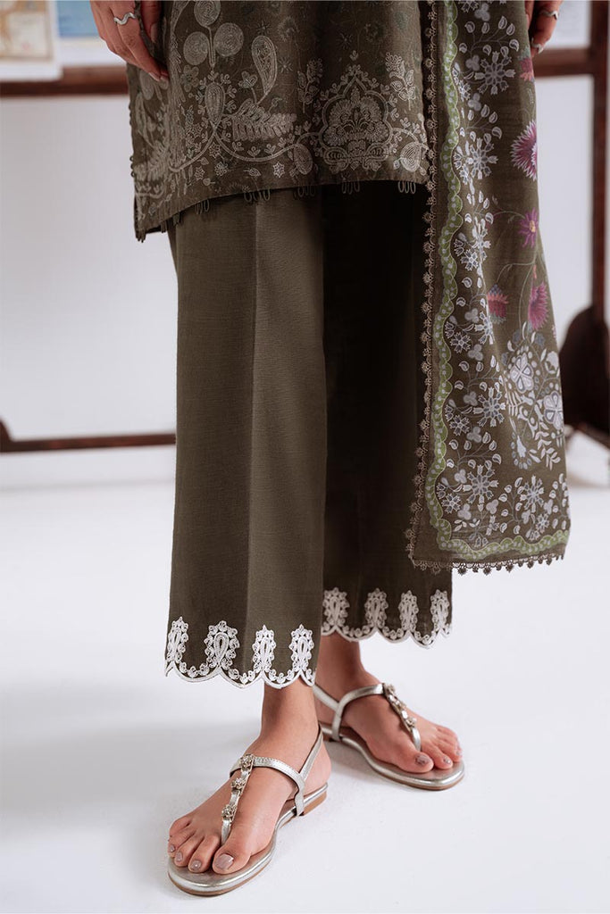 Olive Charm — green khaddar printed 3PC suit by Cross Stitch. 🌿