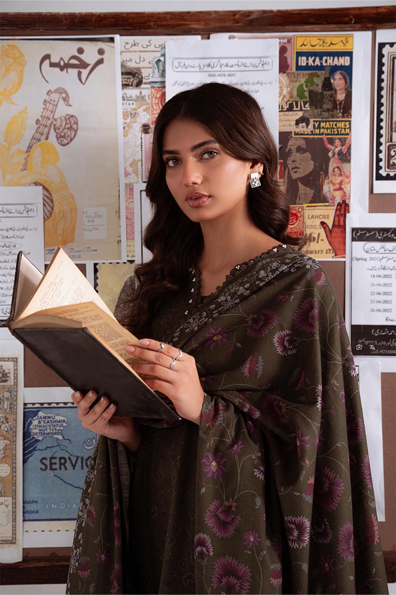 Olive Charm — green khaddar printed 3PC suit by Cross Stitch. 🌿