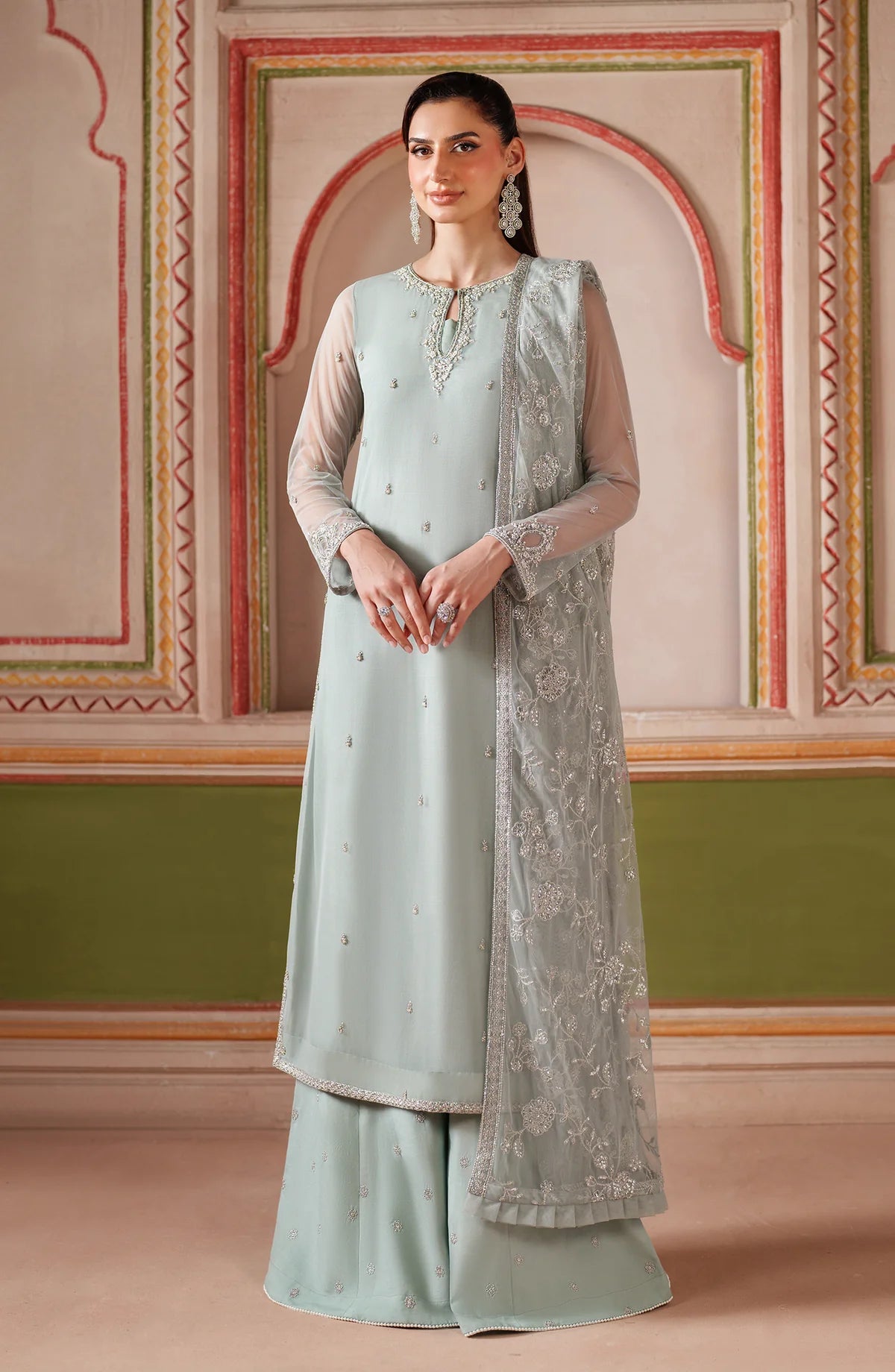 Zarif DINAAR Falesia Formals '25 hand-embellished net shirt and raw silk lehnga