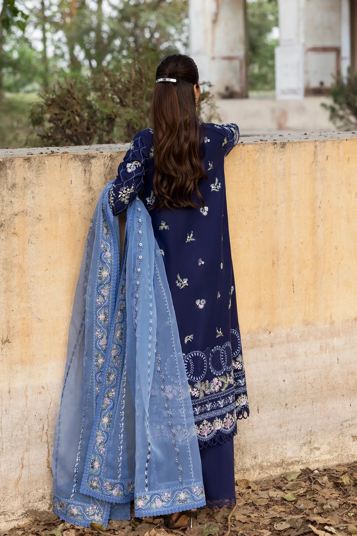 Back view of Shiddat lawn panel with embroidery details