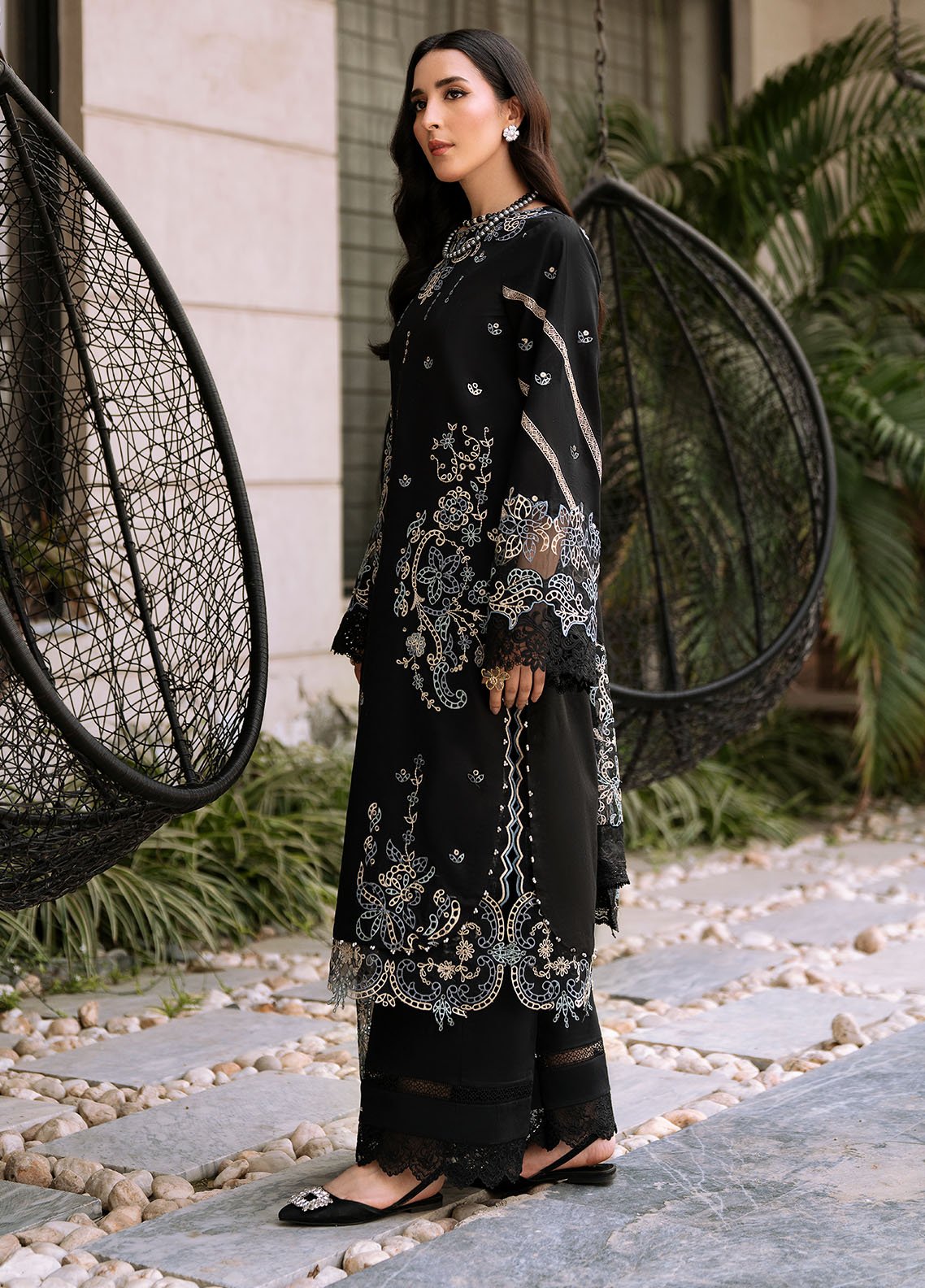 Complete look of 3-piece black embroidered lawn suit FEF-9