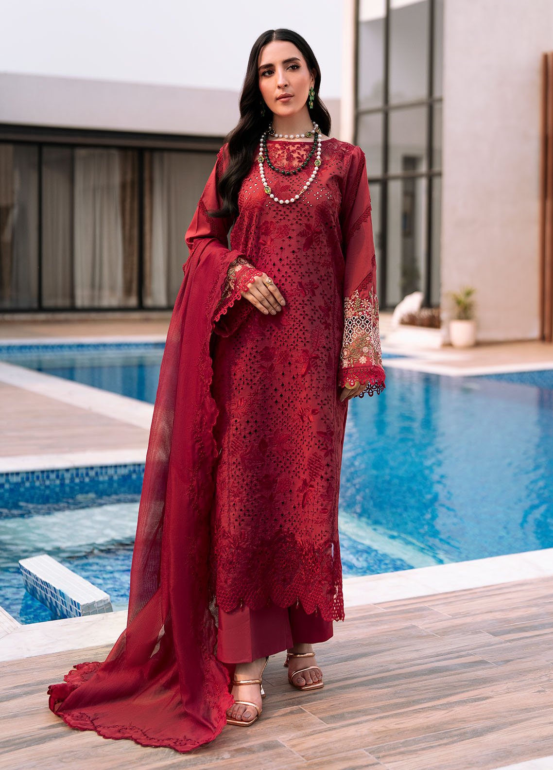 Maroon embroidered lawn shirt front view of Florent FEF-10