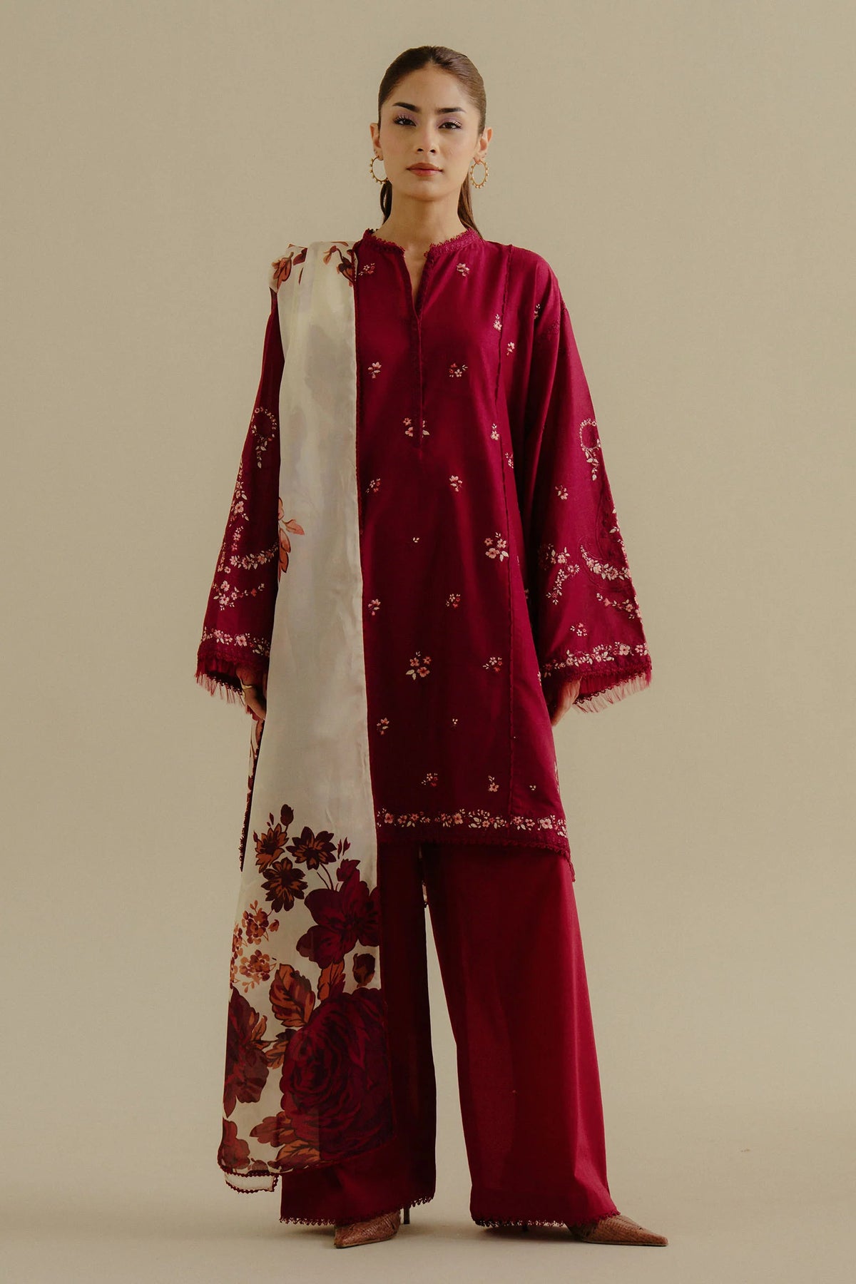 COCO By Zara Shahjahan Yana-4B Lawn Suit – Front View (Red Monotone Embroidery)