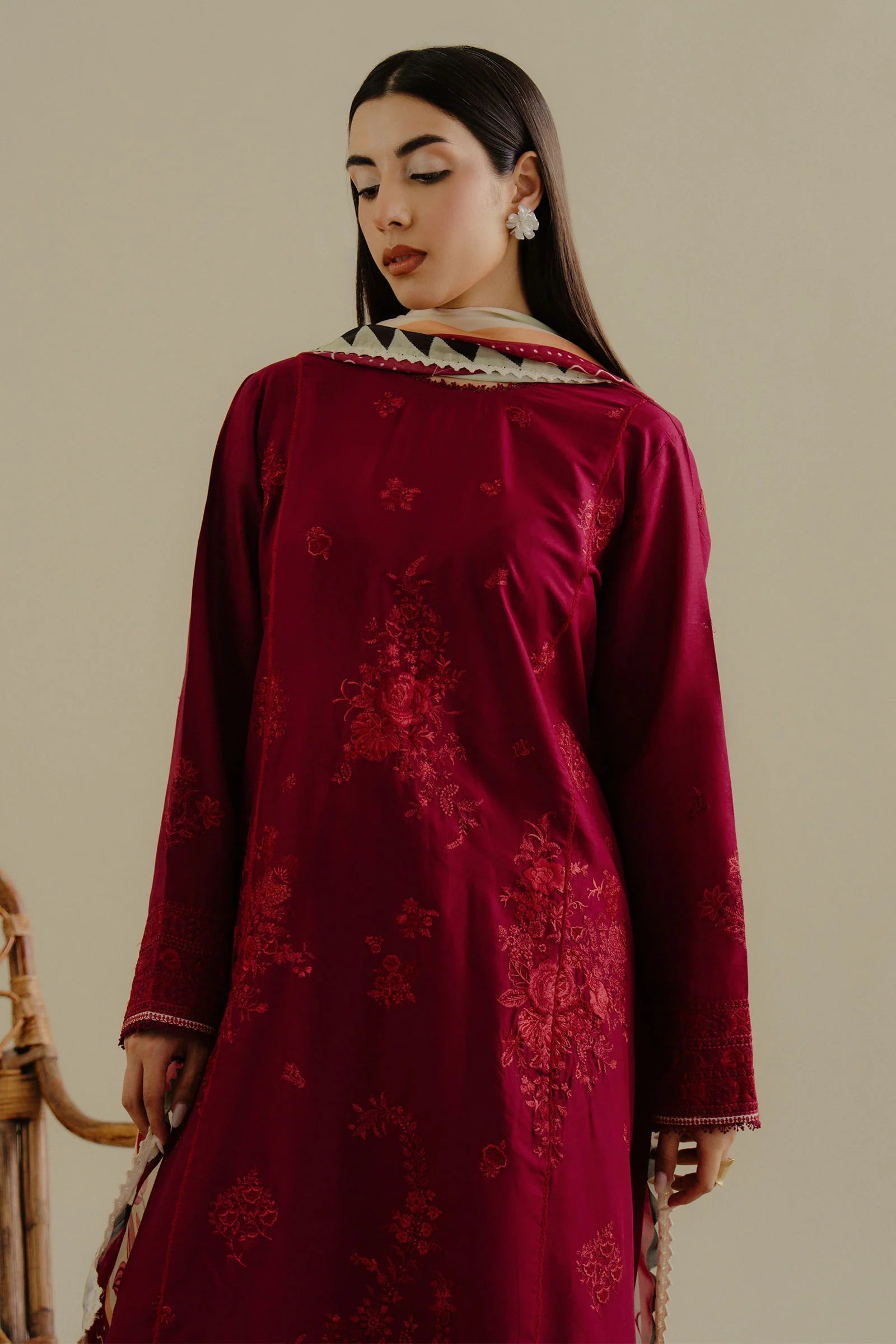 COCO By Zara Shahjahan Luleh-3B - Front View of Red Chikankari Lawn