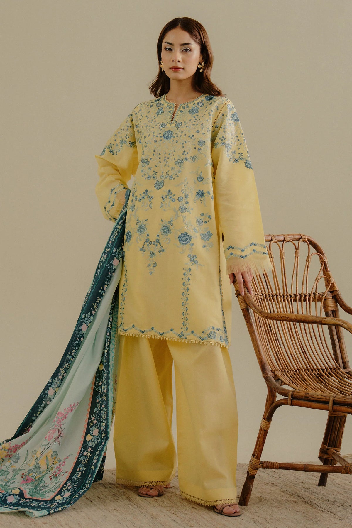 COCO By Zara Shahjahan Velin-7B - Front View with Blue Floral Embroidery