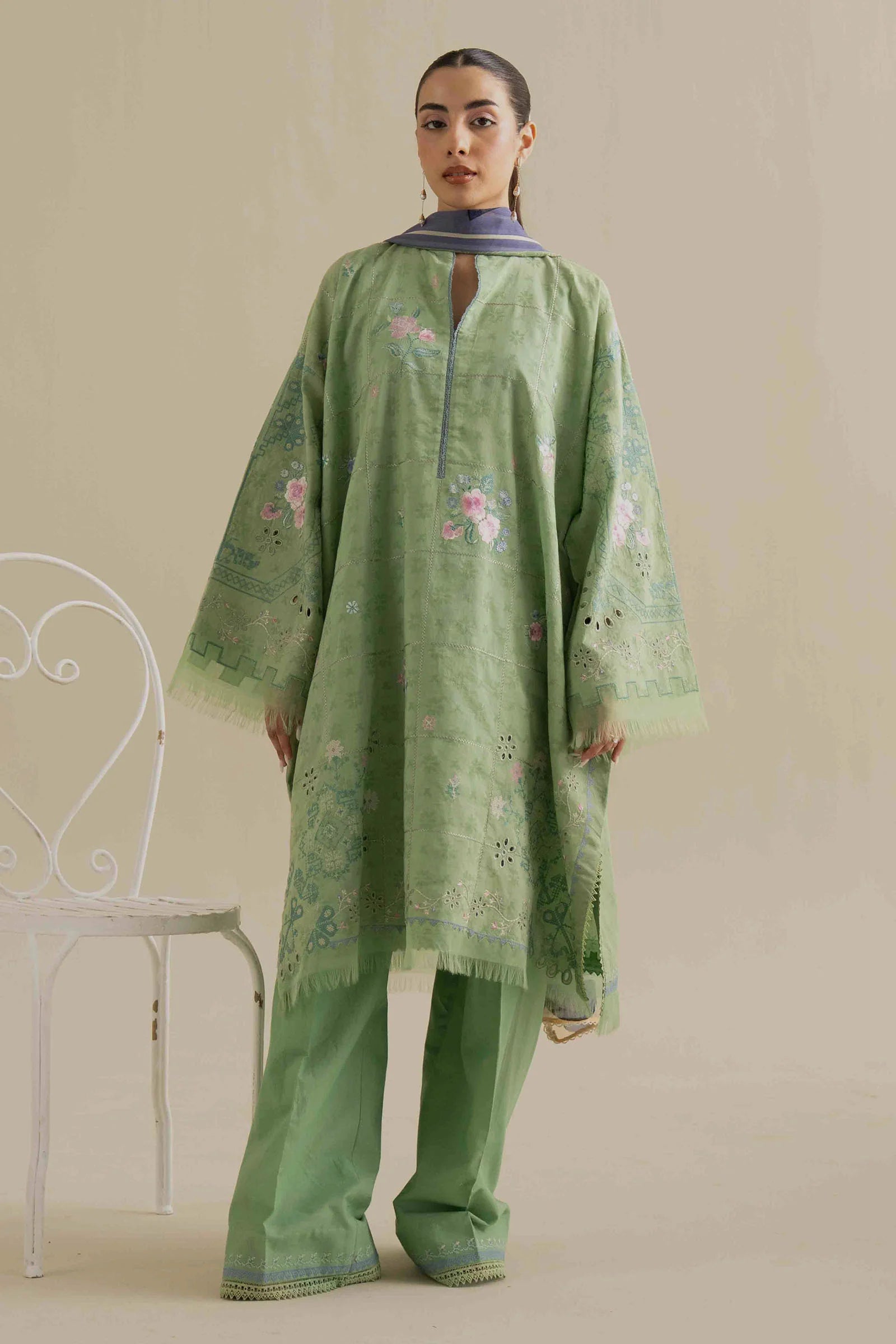 COCO By Zara Shahjahan Sufa-5A - Embroidered Jacquard Front (Pastel Green)
