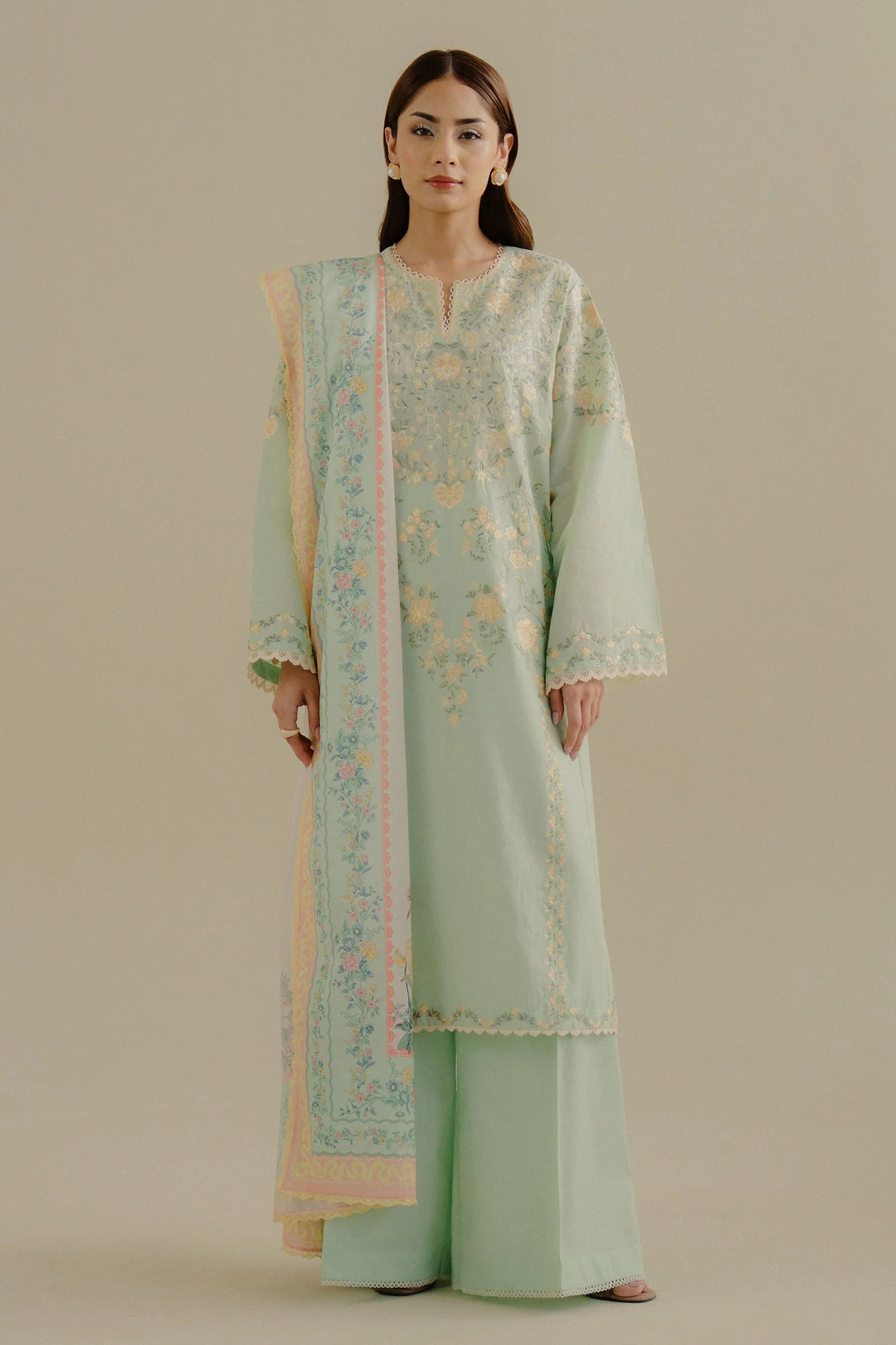 COCO By Zara Shahjahan Velin-7A Front Panel - Sea Green Embroidered Lawn