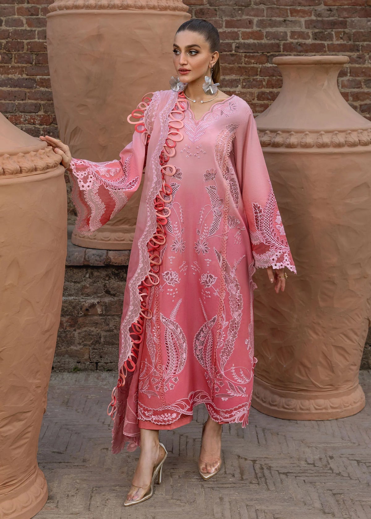 Embroidered front panel with laser appliqués on organza – Crimson All Things Ombre D1B
