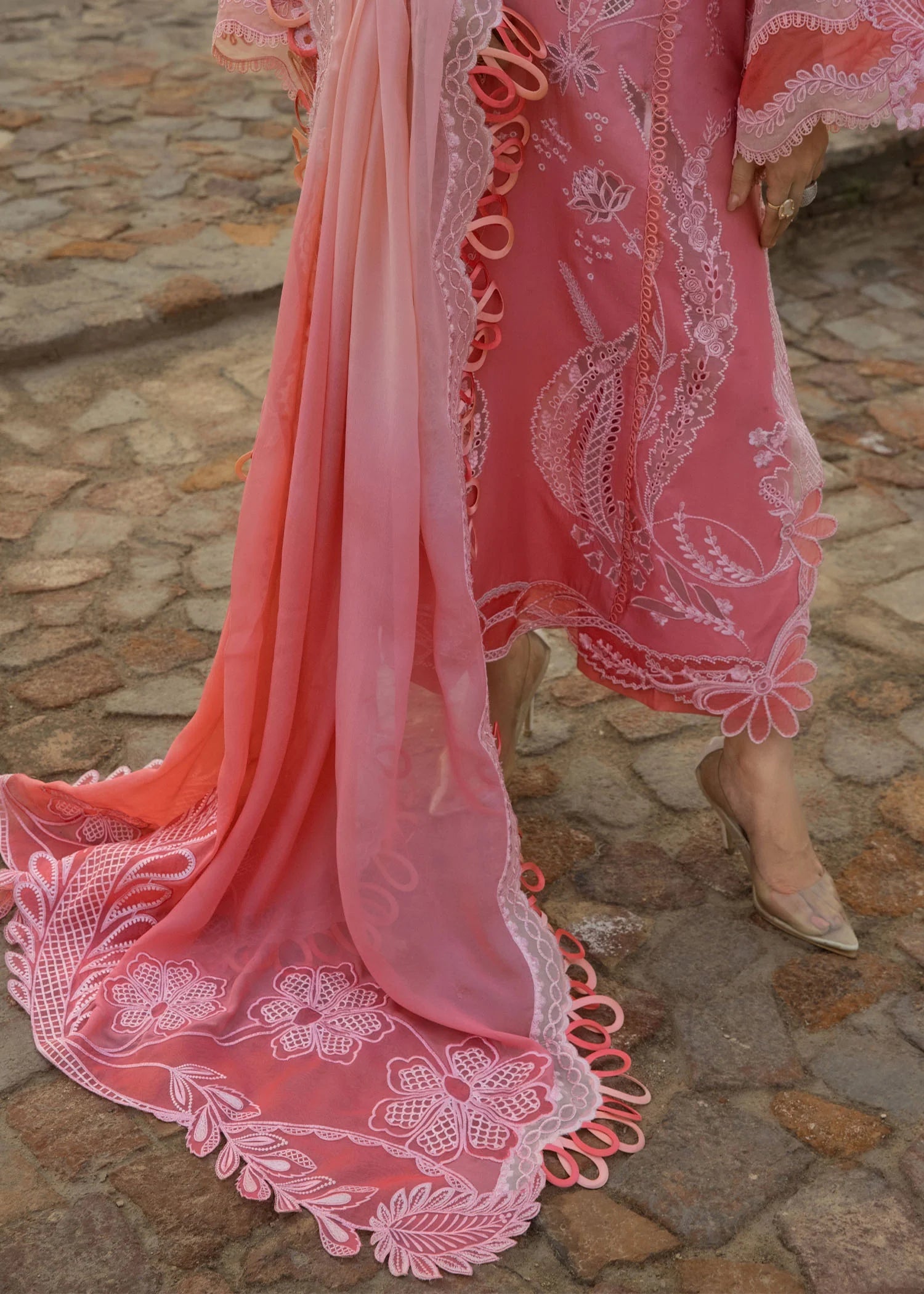 Side panels and hem border embroidery on organza – Crimson Lawn D1B