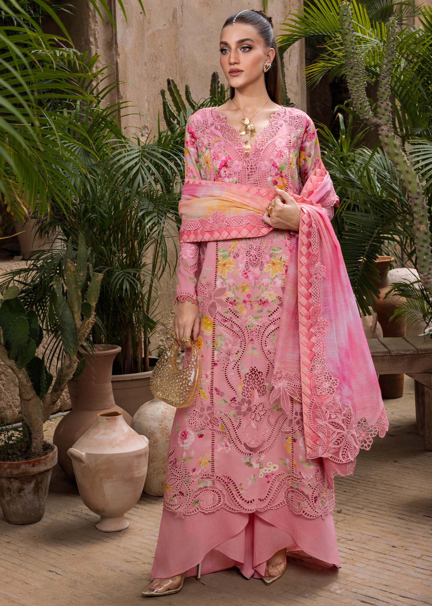 Printed and embroidered Monar dupatta with dual pallu