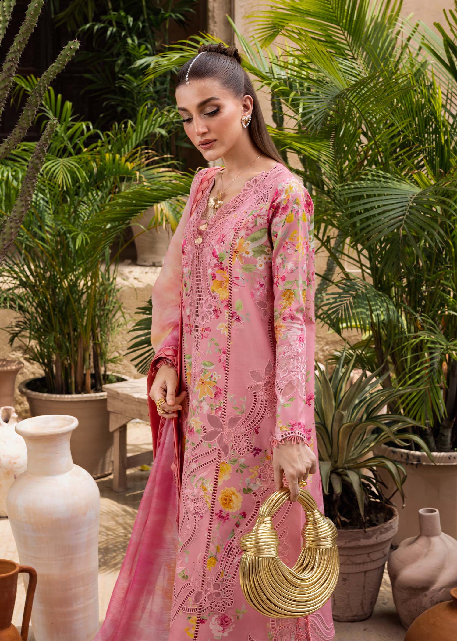 Embroidered and cutwork detailed sleeves in cherry tones