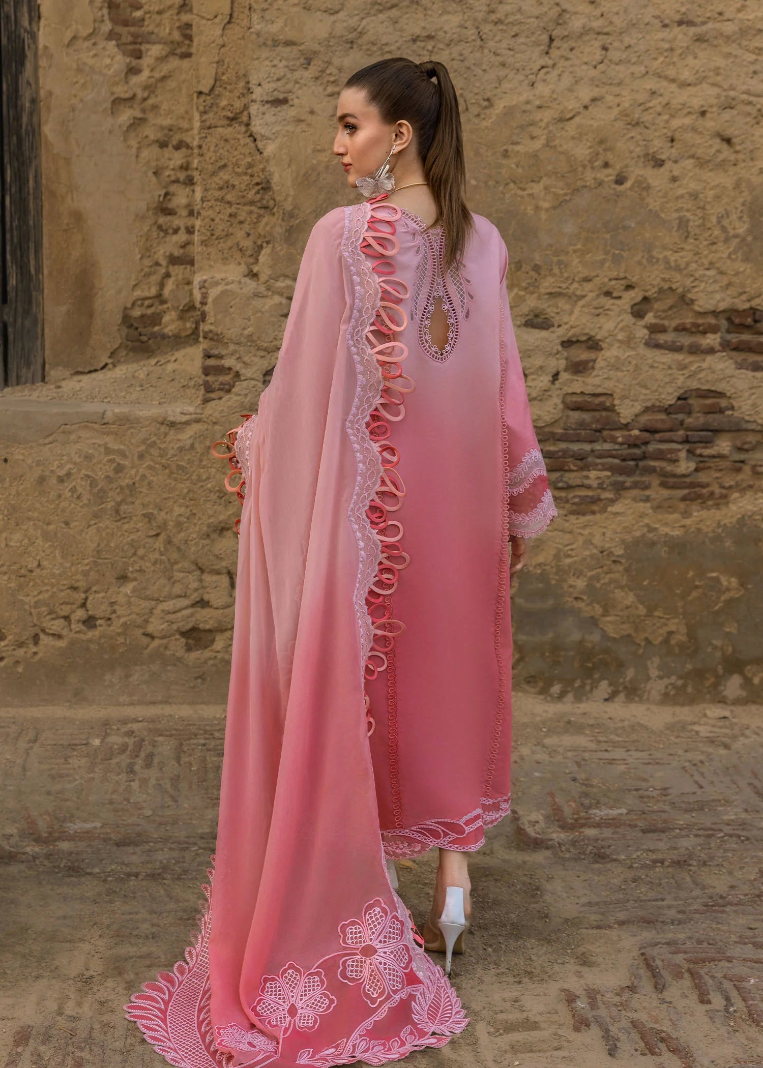 Embroidered back panel with laser appliqués on organza – Crimson All Things Ombre D1B