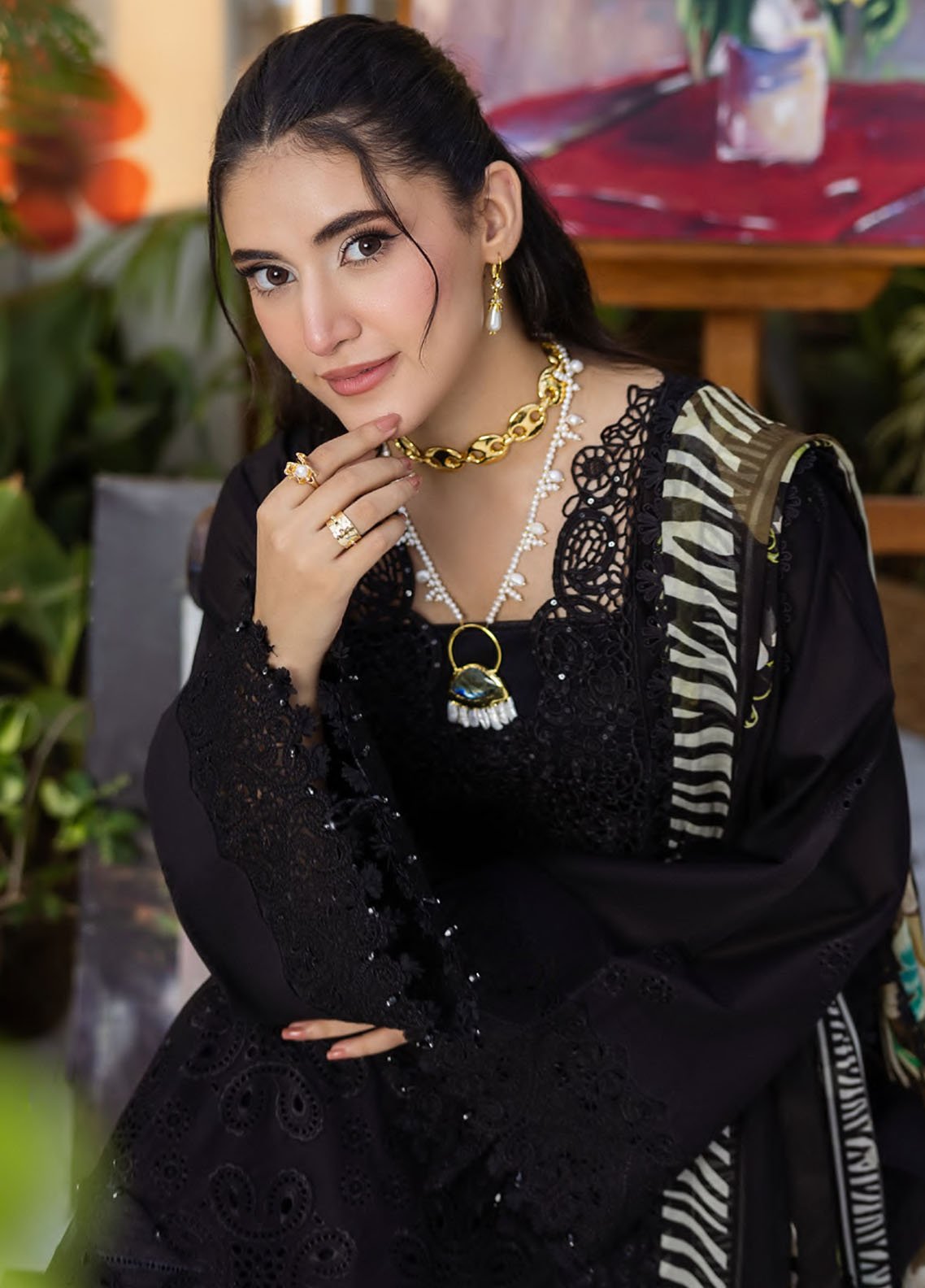 Chikankari embroidered sleeves in peachy tones