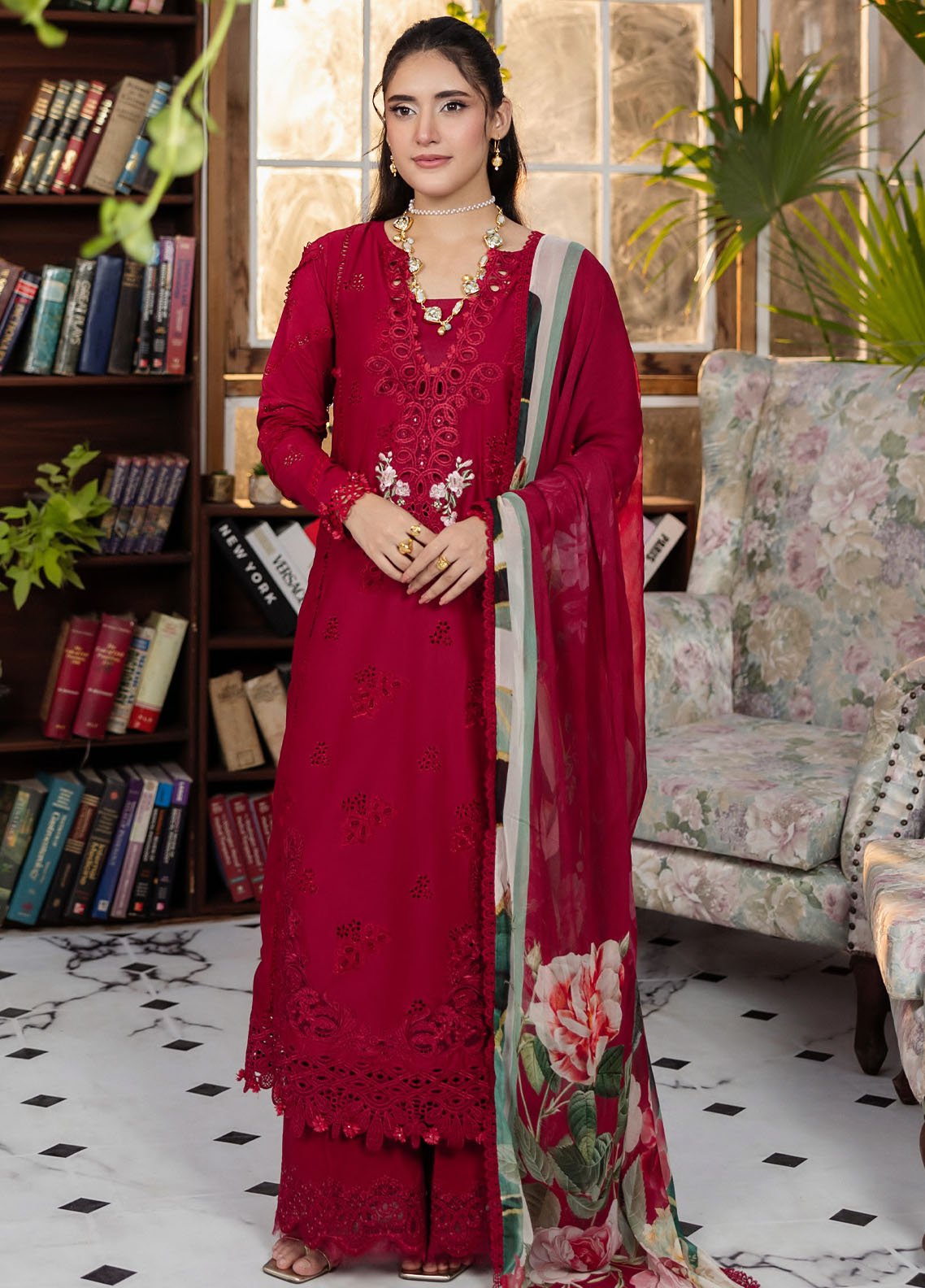 Chikankari embroidered lawn front panel of Elaf EEC-4A Rubelet
