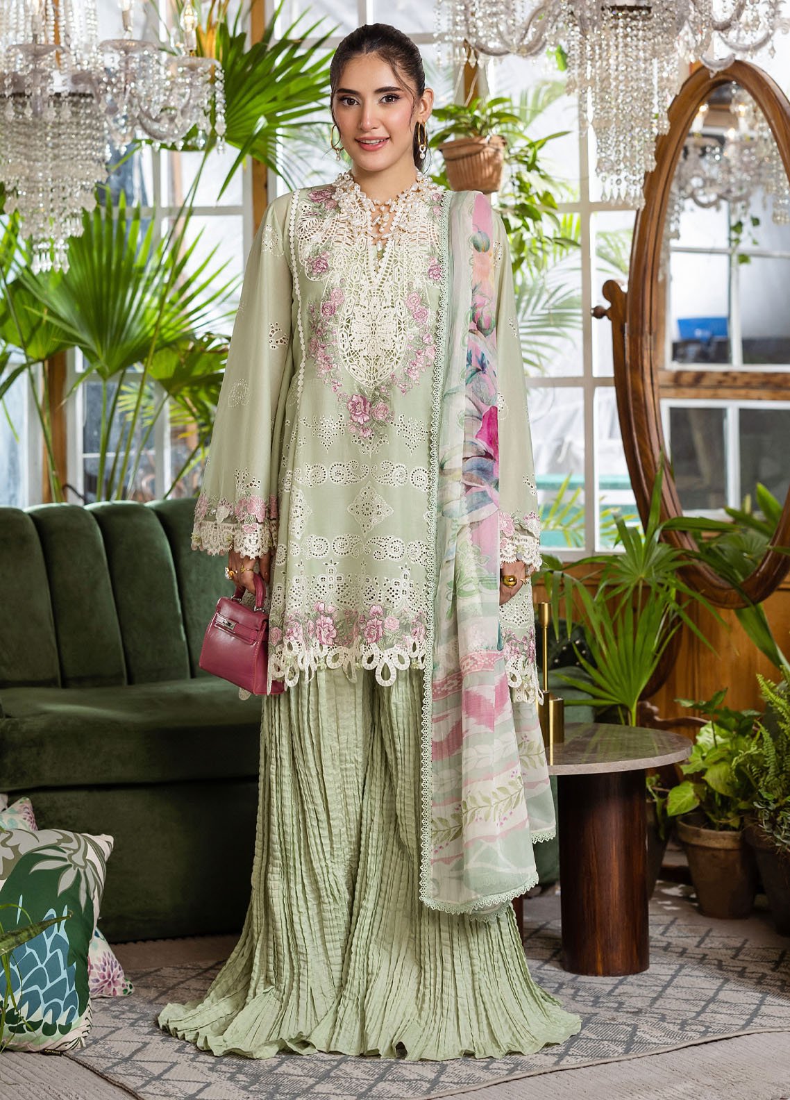 Chikankari embroidered lawn front panel of Elaf EEC-5B MATCHA
