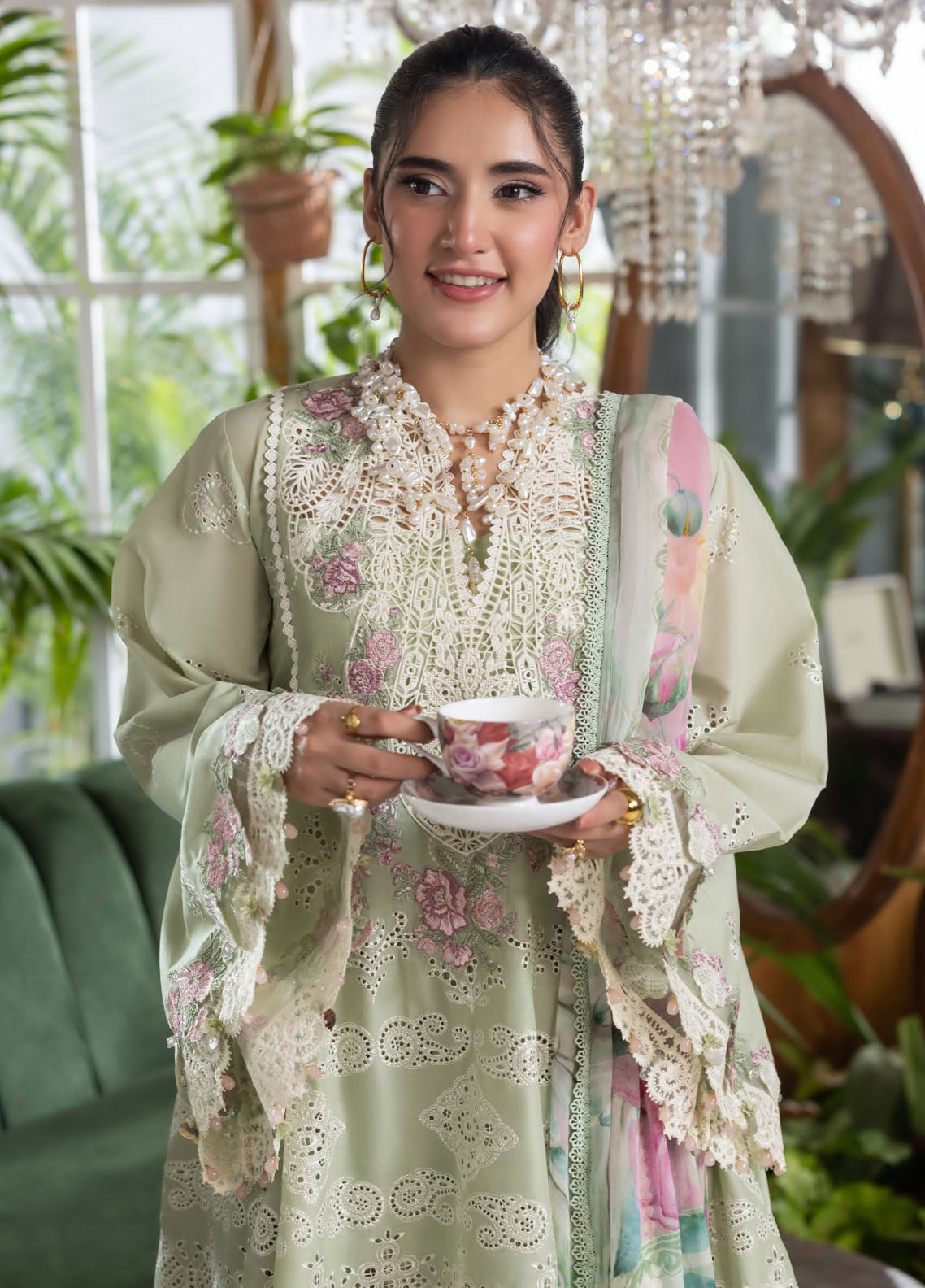 Elaf | EEC-5B MATCHA | CHIKANKARI WITH CHIFFON