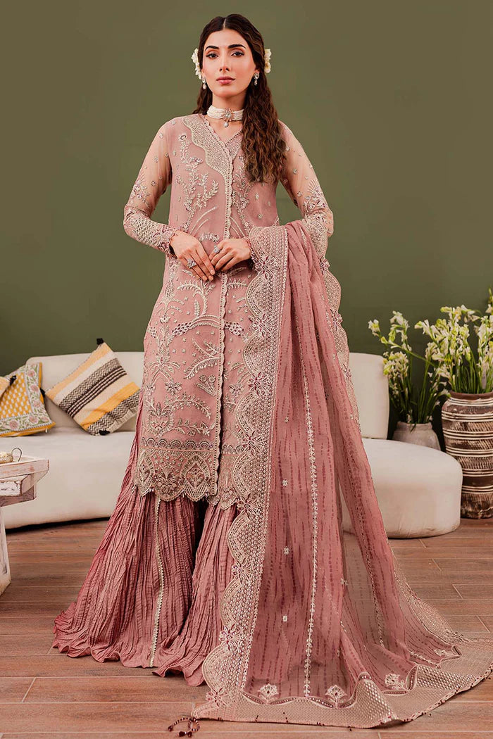 Full 3-piece unstitched view of Farasha Rosa formal dress