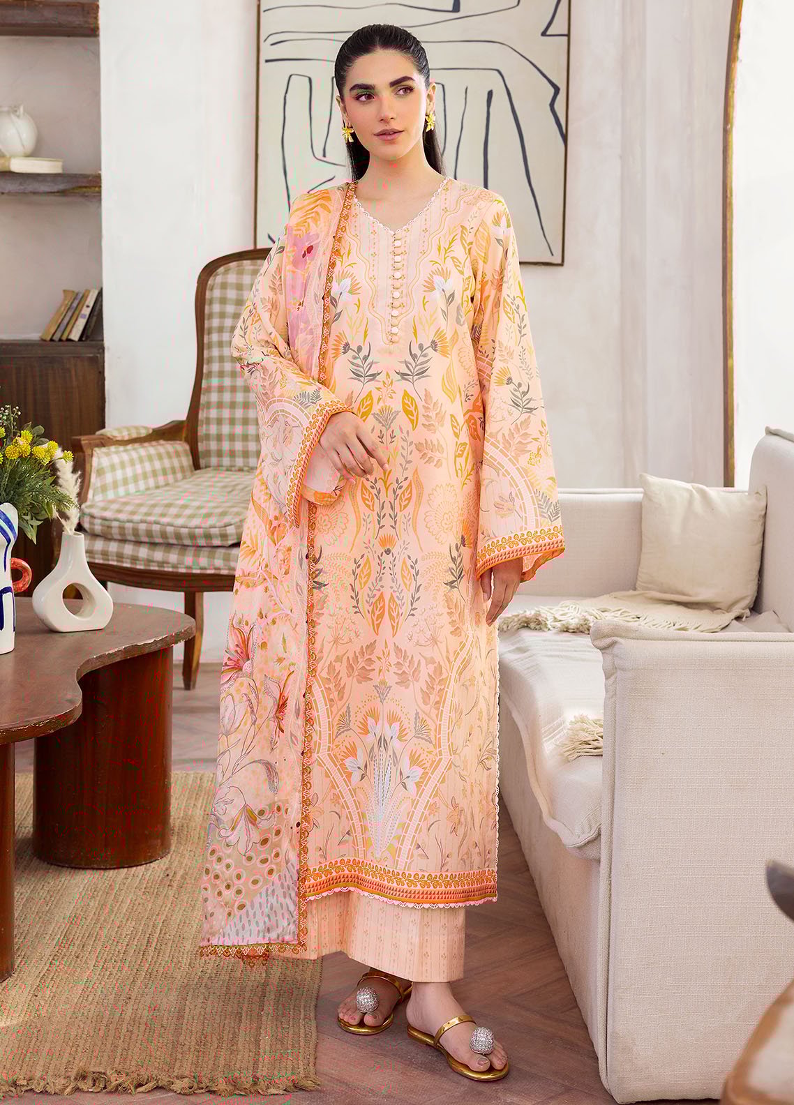 Sleeves detailing on digital printed lawn suit FL-3A