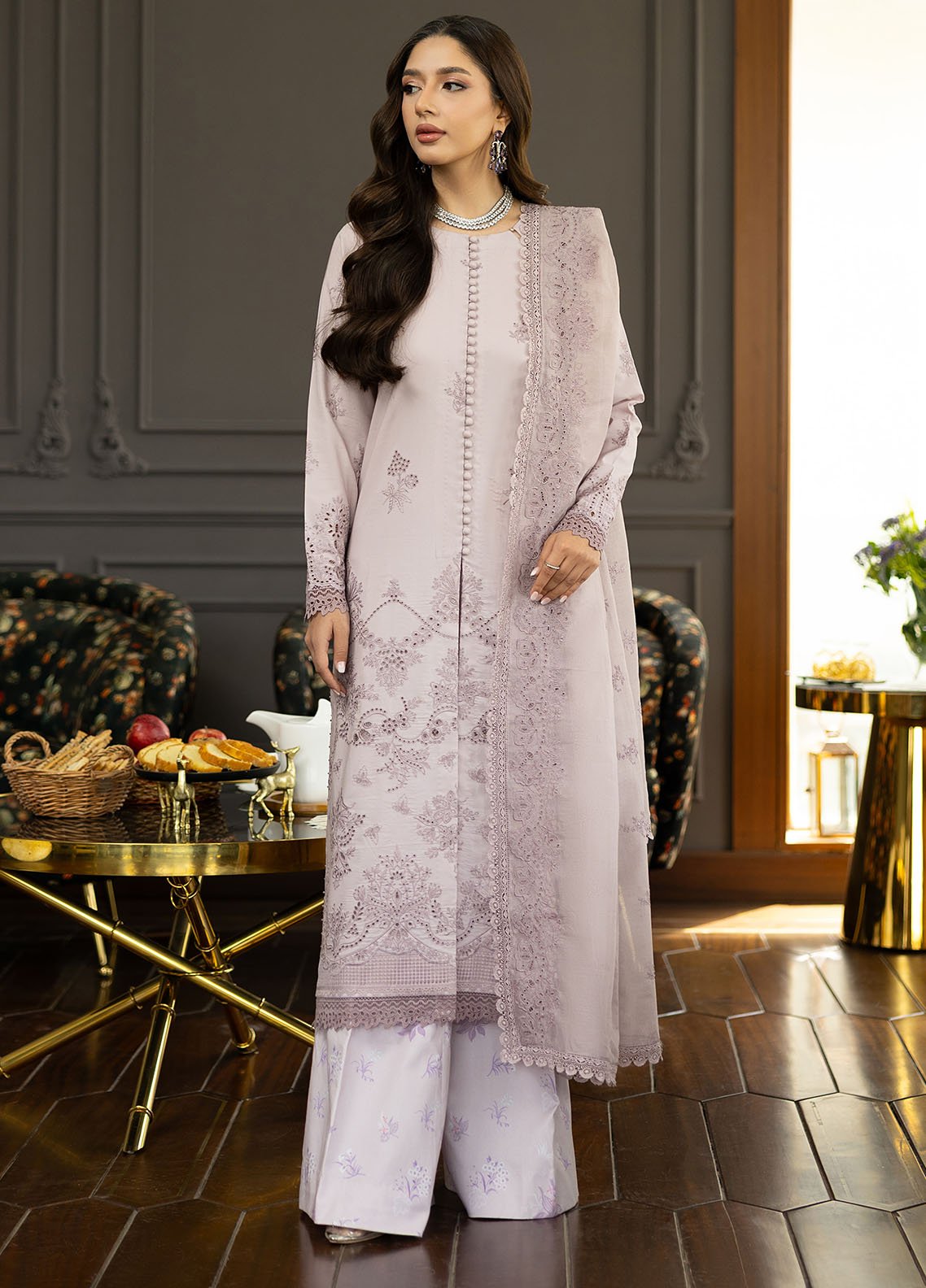 Embroidered front panel of Florent FEF-1B lilac lawn suit