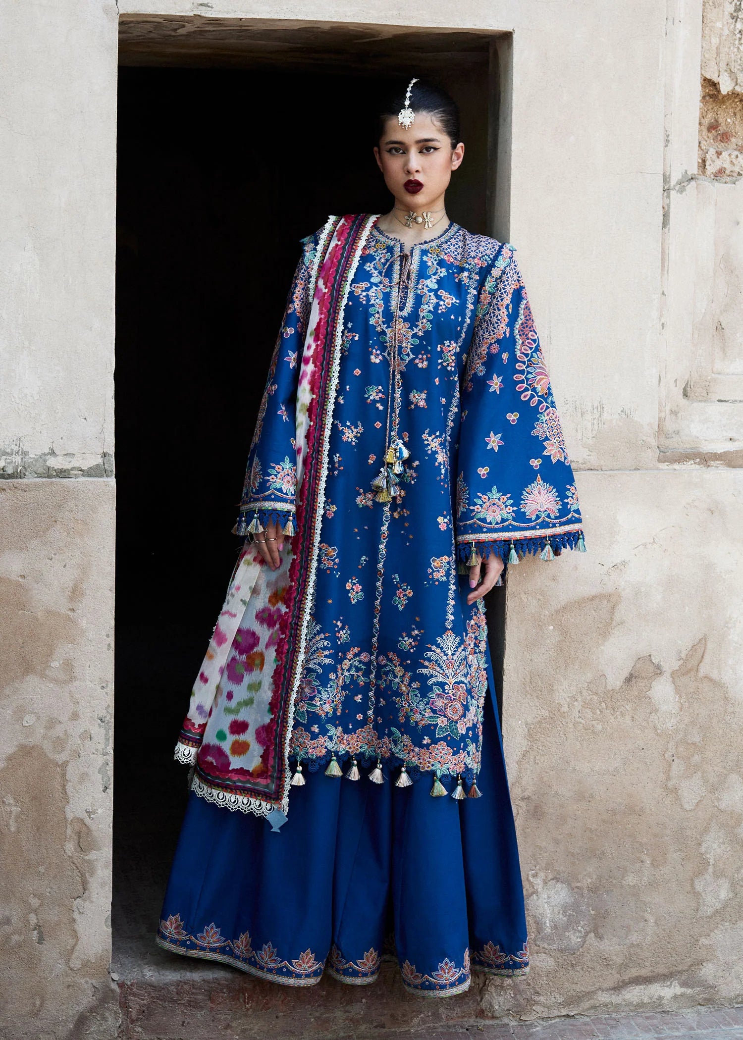 HussainRehar Zarqa Cobalt Blue Embroidered Lawn Shirt - Front View