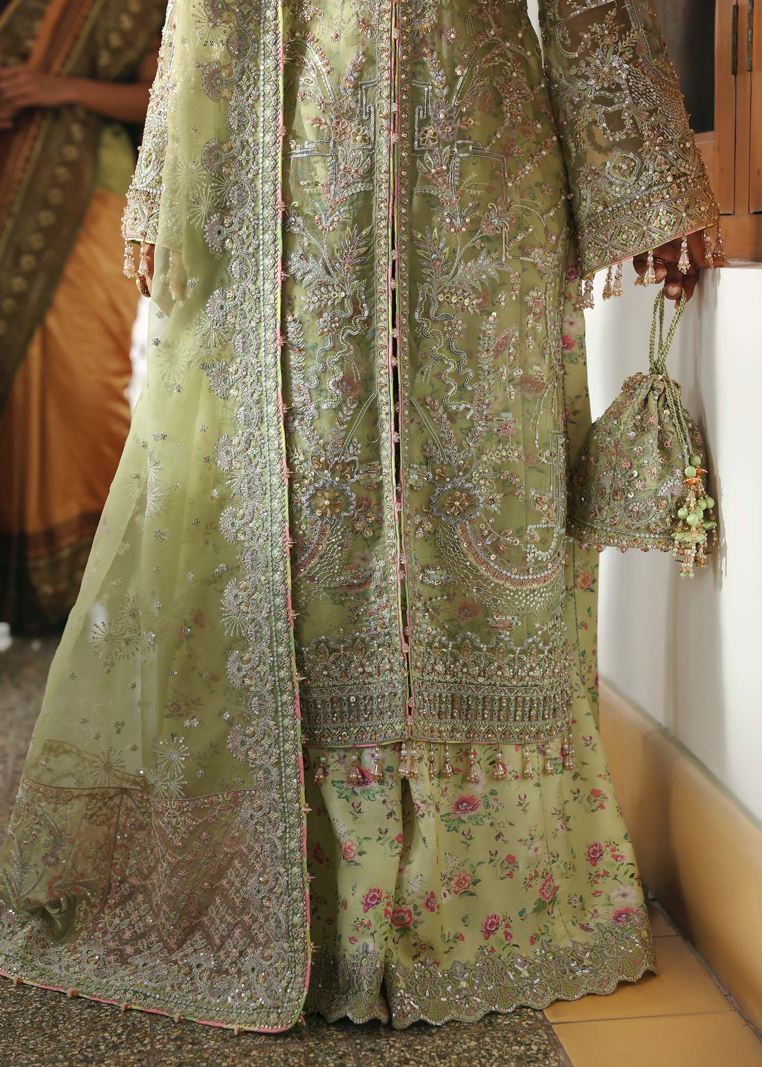 Kanwal Malik Maahi Festive 2025 Pakiza in parrot jade – luxury hand-embellished organza shirt with embroidered borders, laser-cut dupatta, and digital printed trouser available at Highway Fashion