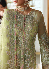 Kanwal Malik Maahi Festive 2025 Pakiza in parrot jade – luxury hand-embellished organza shirt with embroidered borders, laser-cut dupatta, and digital printed trouser available at Highway Fashion