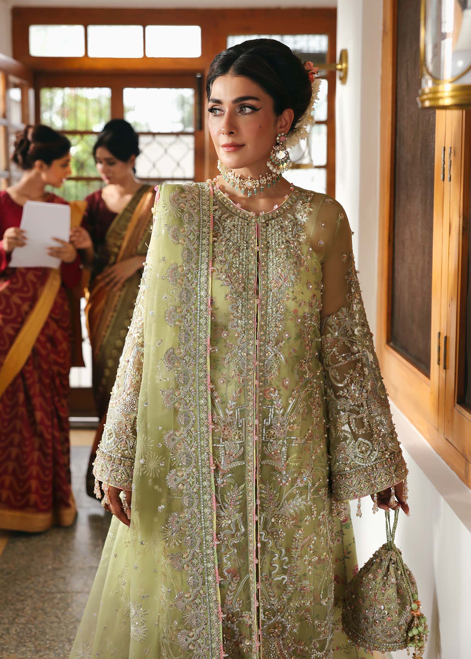 Kanwal Malik Maahi Festive 2025 Pakiza in parrot jade – luxury hand-embellished organza shirt with embroidered borders, laser-cut dupatta, and digital printed trouser available at Highway Fashion