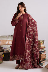 Woven Elegance — maroon khaddar embroidered 3PC suit by Cross Stitch. ❤️