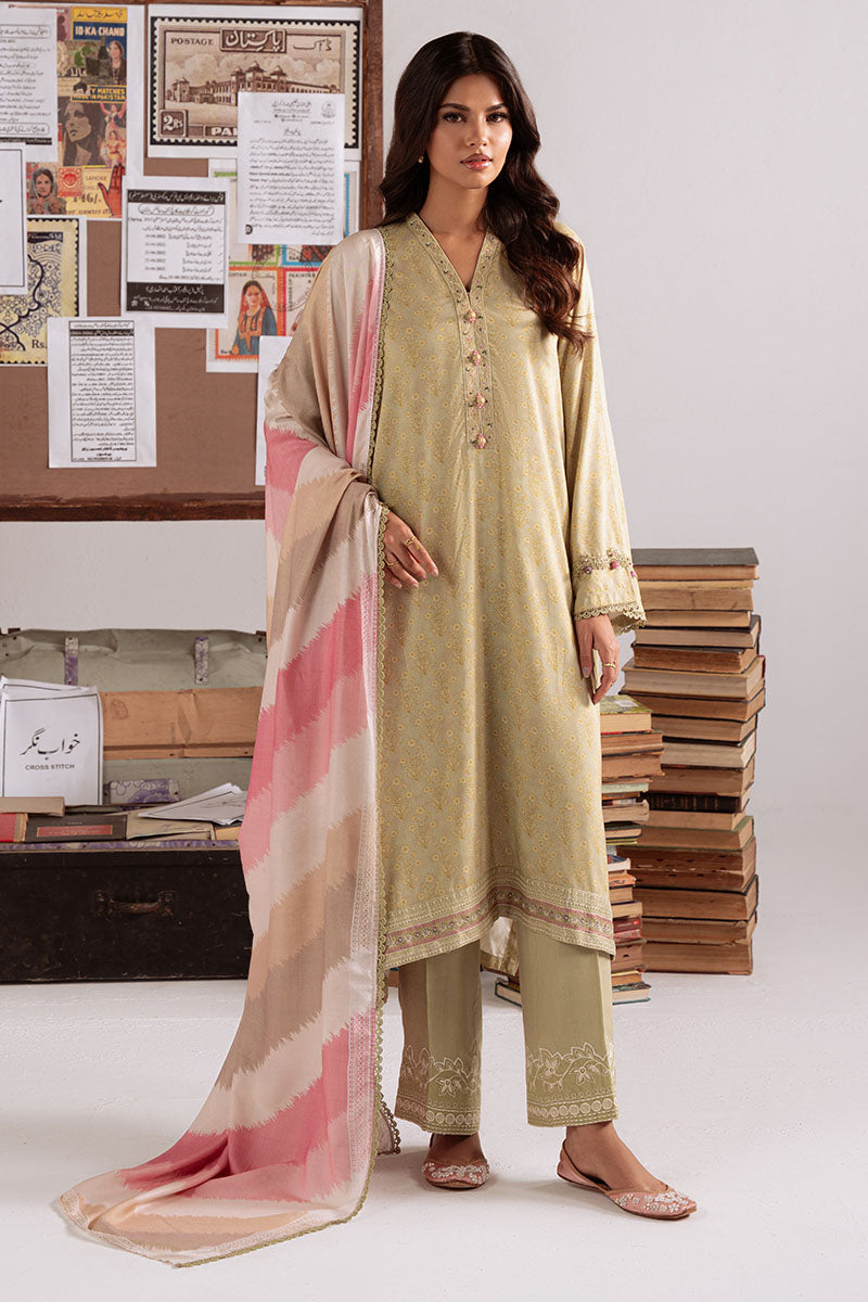 Sage Garland — green linen printed 3PC suit by Cross Stitch for winter chic. 🌿