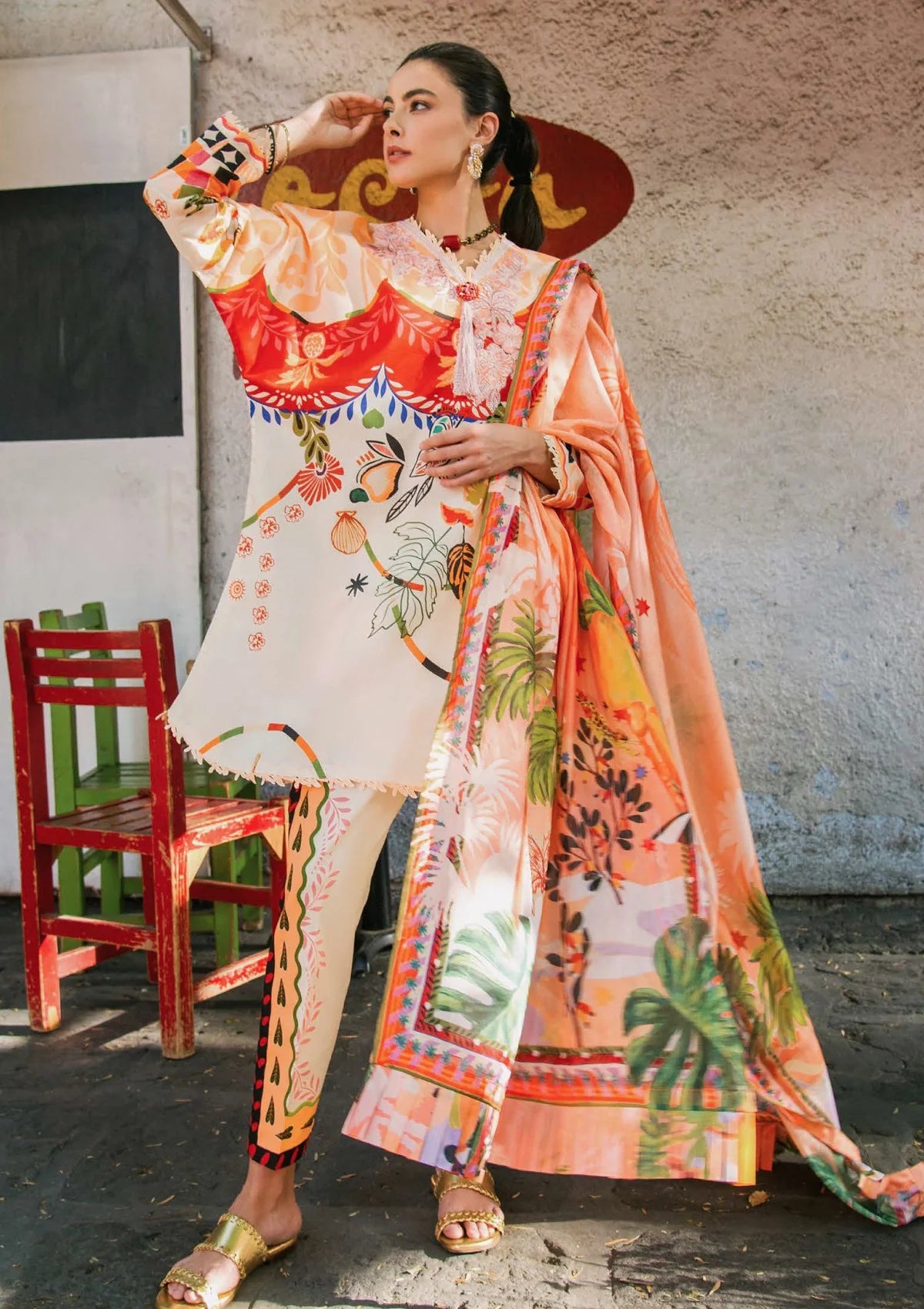 Mushq Mulberry Tree Lawn Suit Front View | Printed & Embroidered